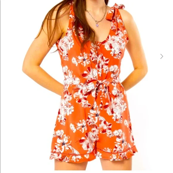 Orange Tropical Print Tie Shoulder Romper - Picture 1 of 2